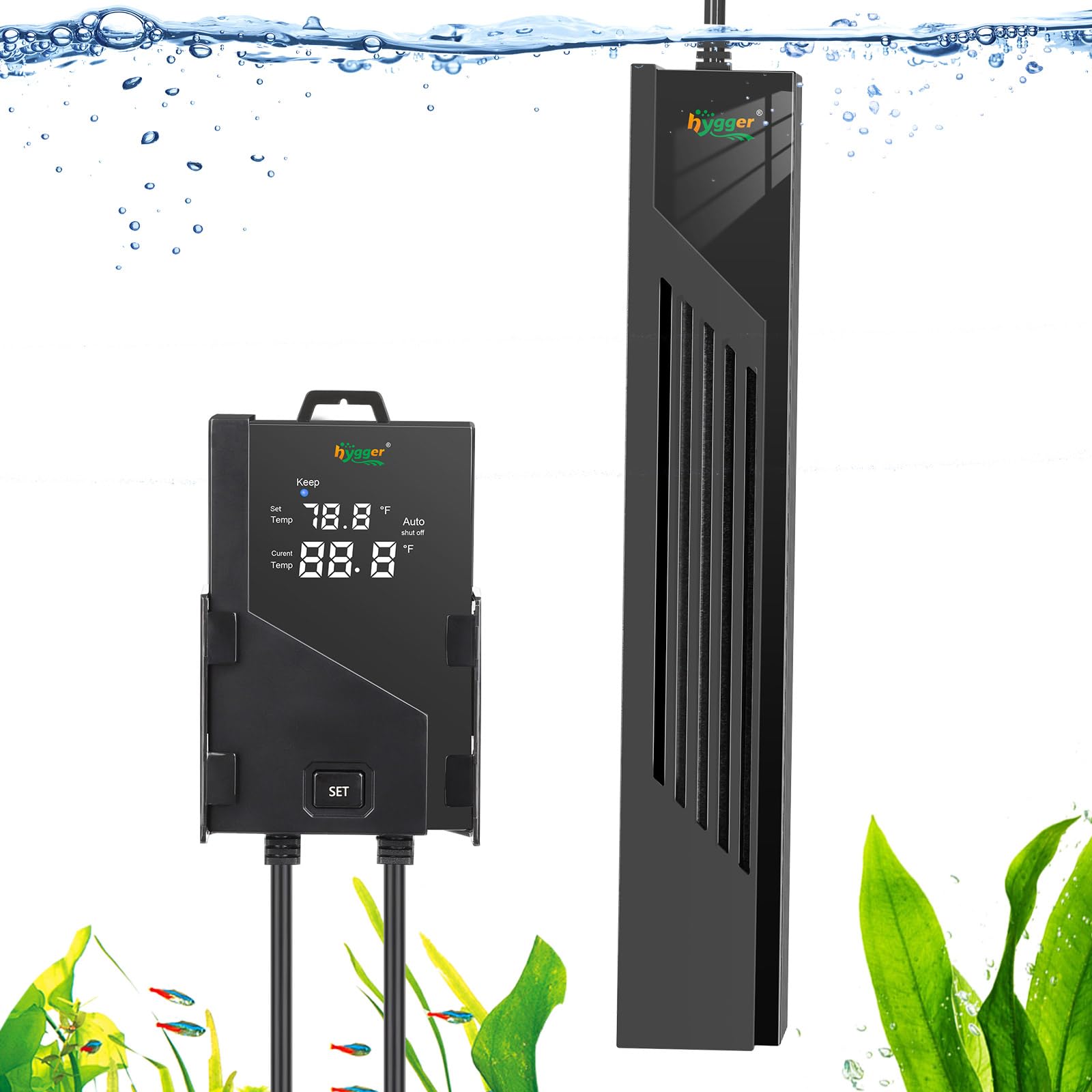 Hygger 200W aquarium heater front view offers steady temperature control for freshwater and saltwater tanks.