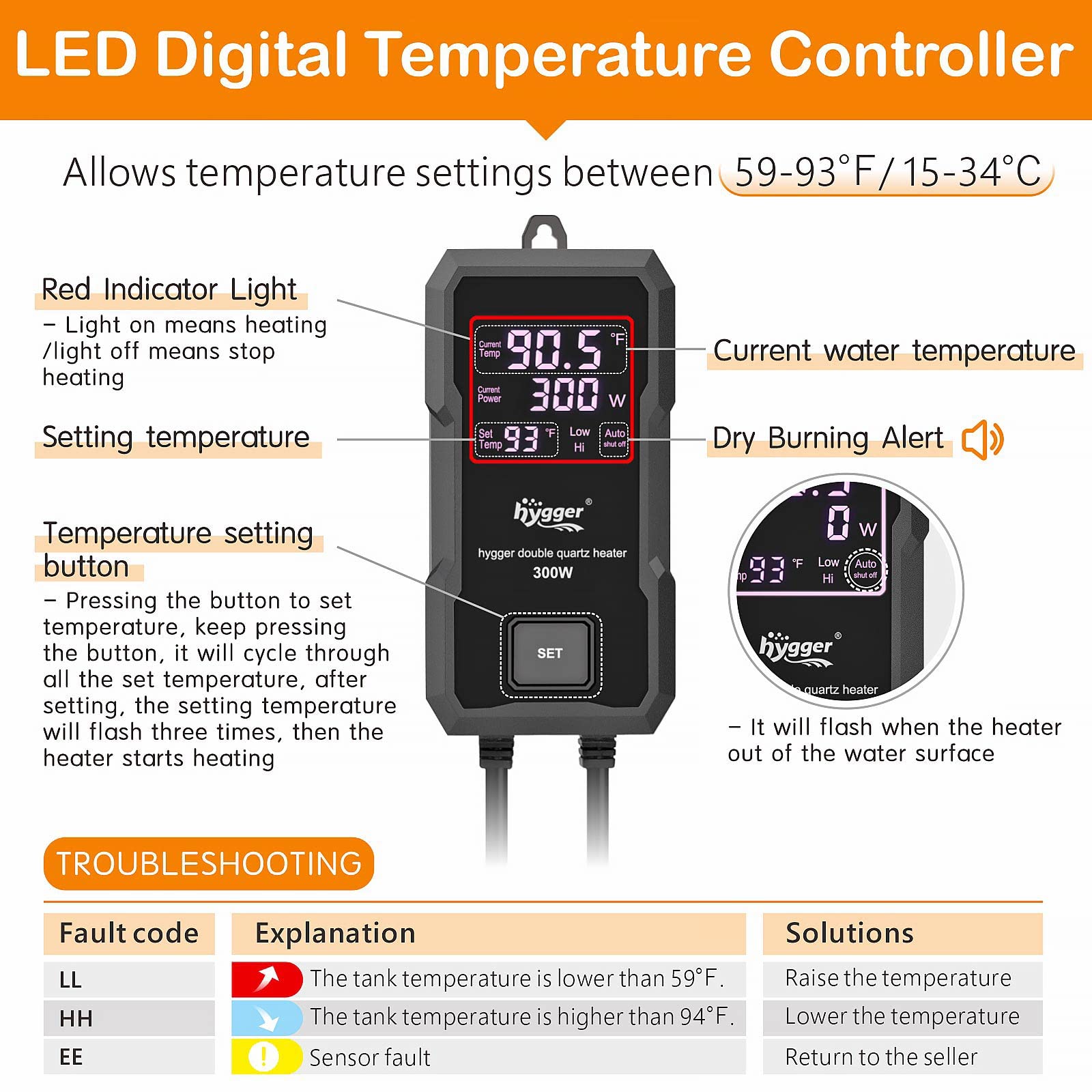 hygger aquarium heater 300w LED controller close-up for easy adjustment