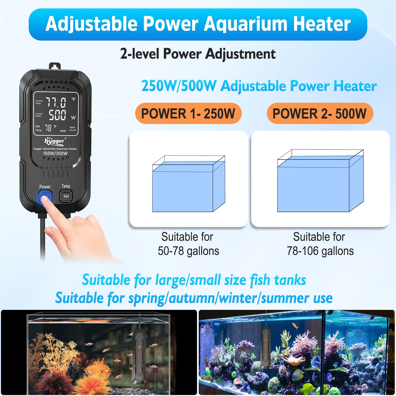 hygger aquarium heater control panel closeup showing clear readings