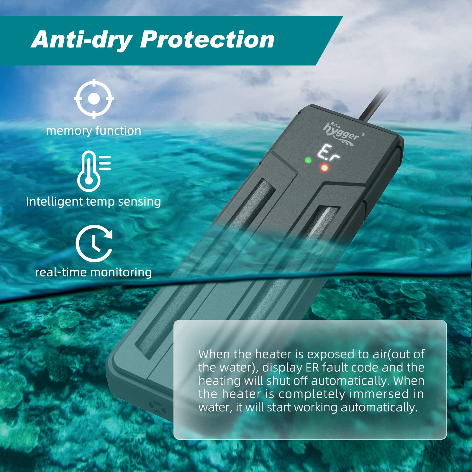 Hygger aquarium heater control panel highlights easy temperature adjustments for consistent care.