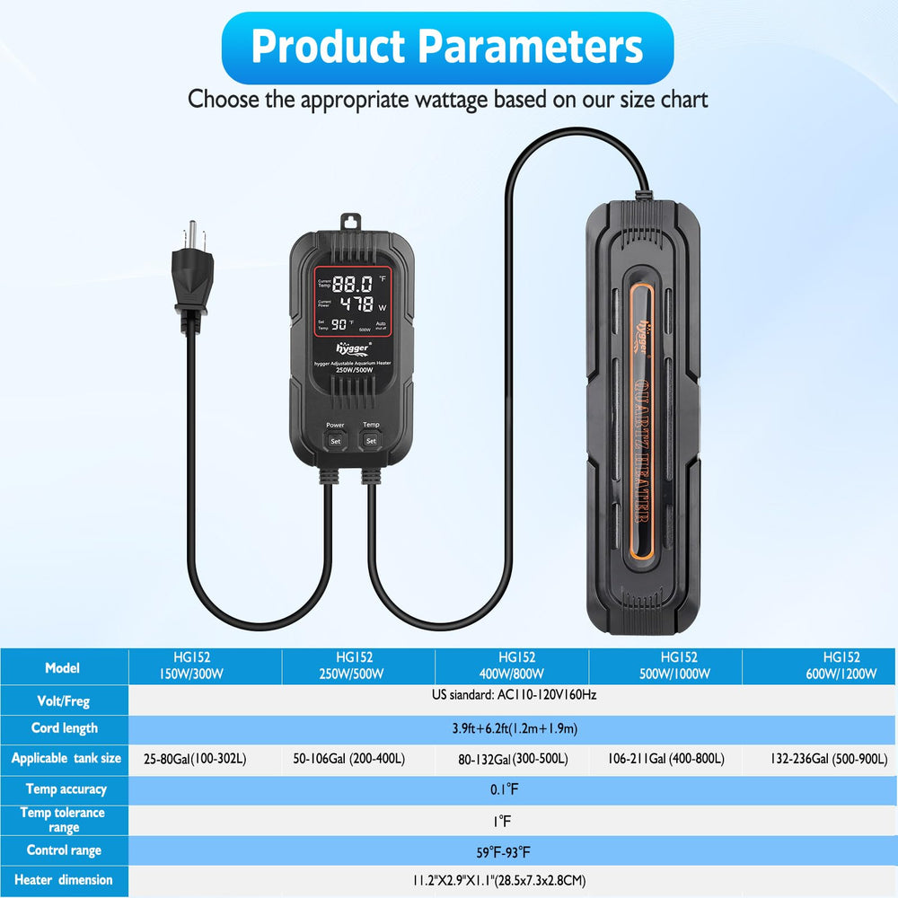 Hygger heater suitable for large 80-132 gallon tanks with adjustable power.