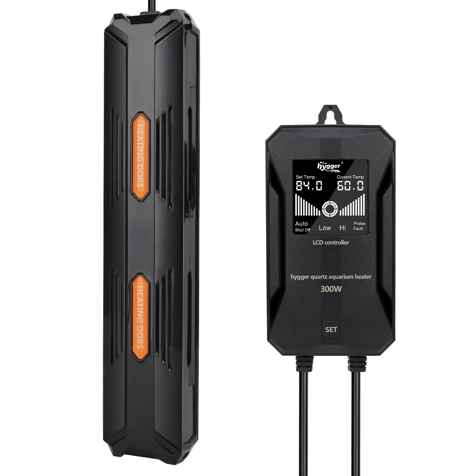 Hygger aquarium heater with external digital controller showing precise temperature control for aquariums.