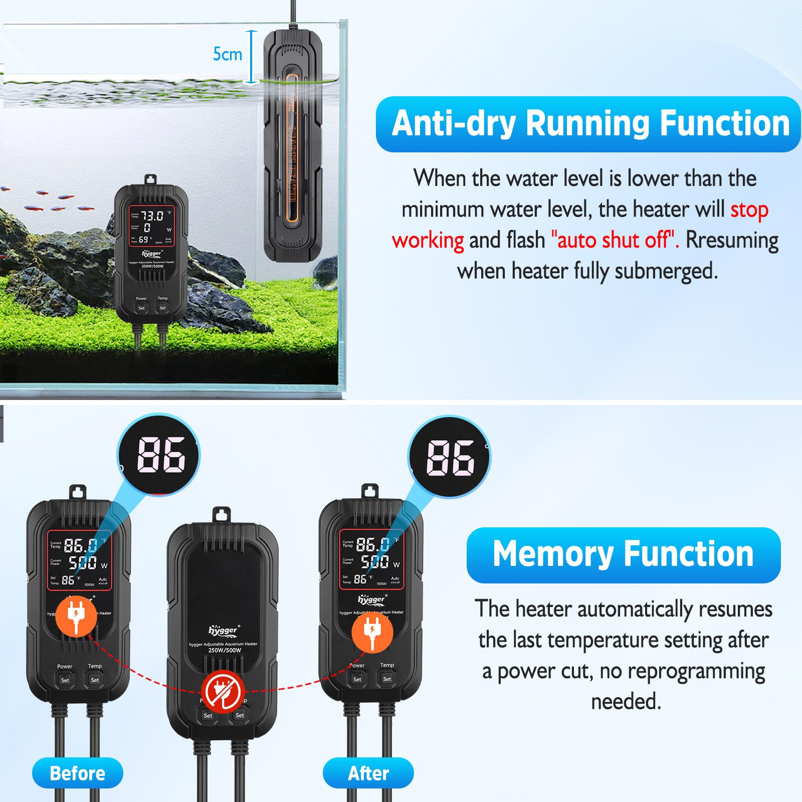 Hygger heater in water illustrates quick heating and stable temperature.