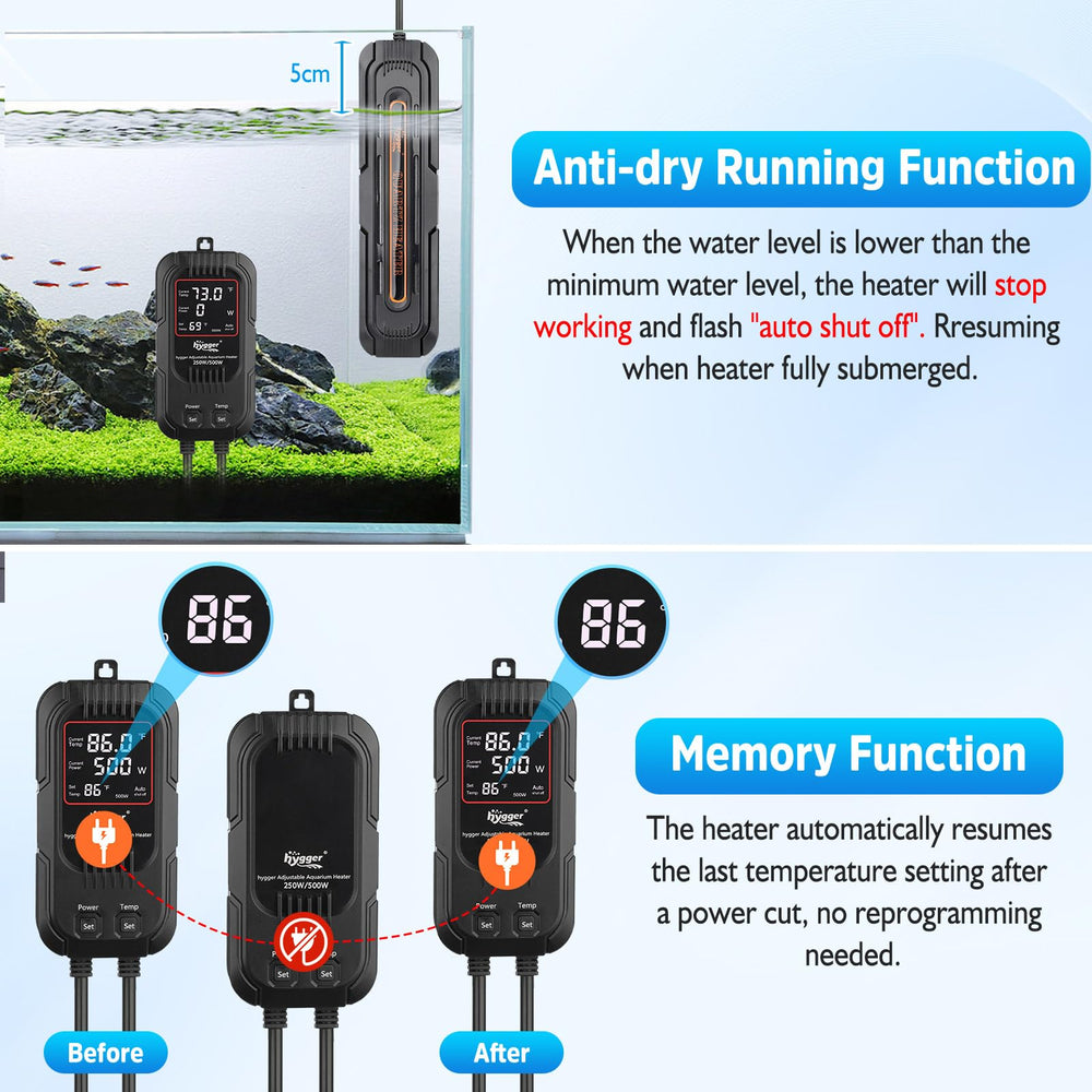 Hygger heater in water illustrates quick heating and stable temperature.
