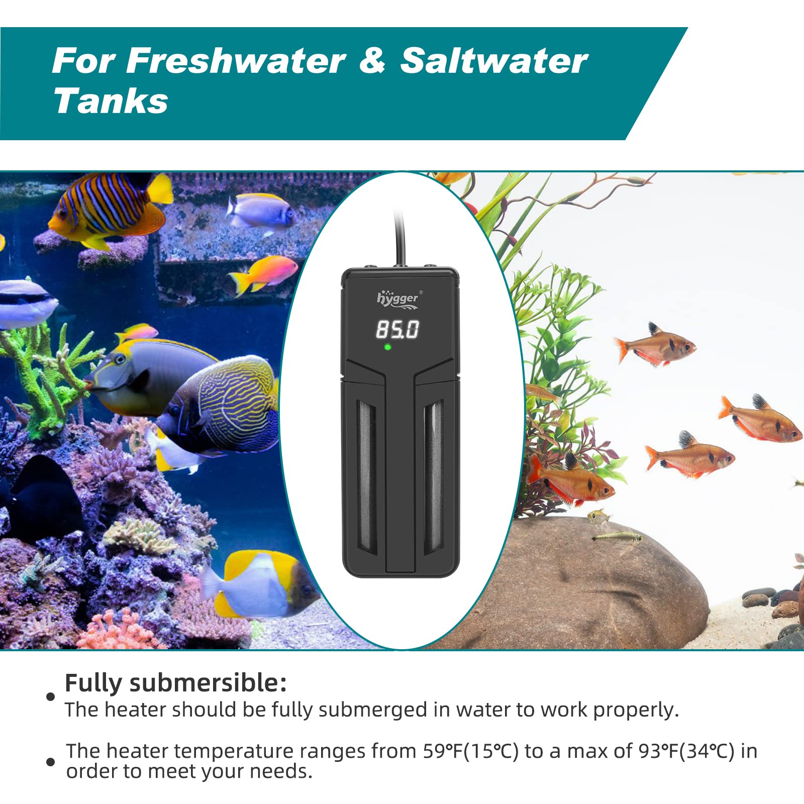Hygger aquarium heater ready for freshwater and saltwater environments.
