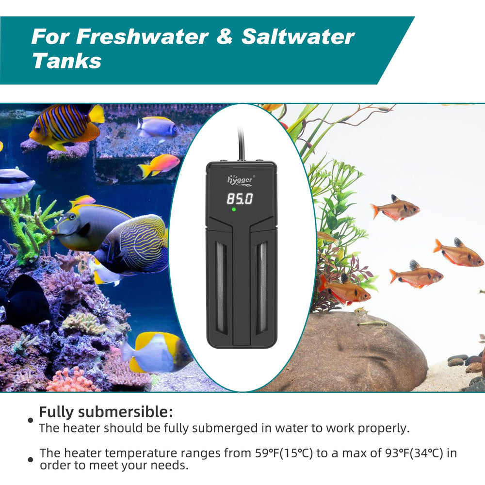 Hygger aquarium heater ready for freshwater and saltwater environments.