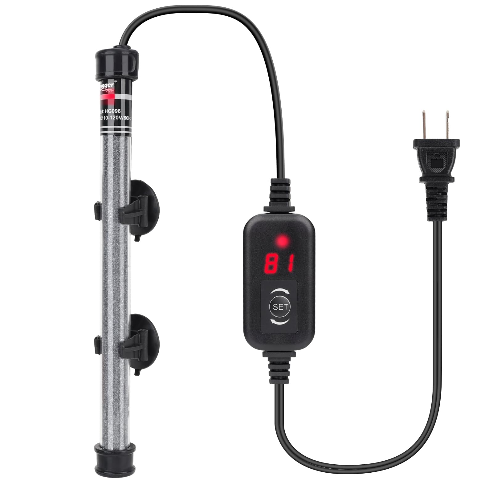 Hygger aquarium heater front view shows compact design delivering steady warmth for tanks.