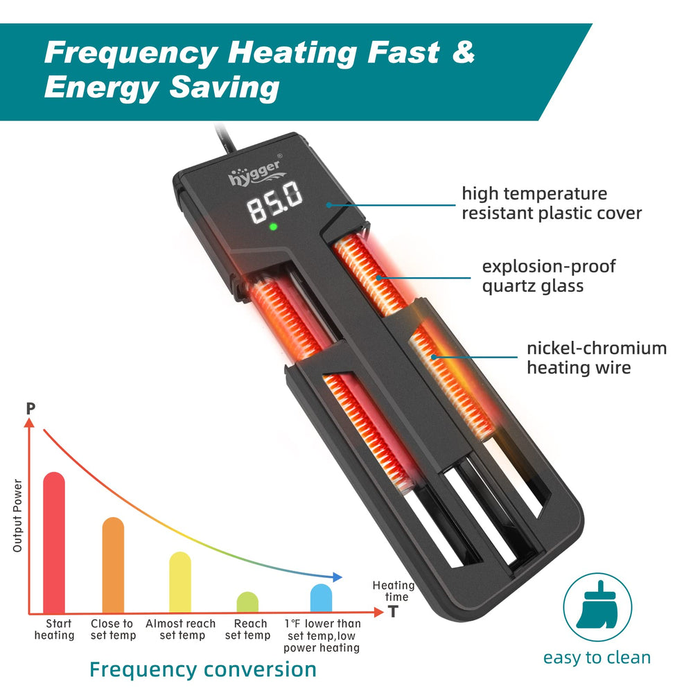 Hygger aquarium heater immersed in water demonstrates safe, stable heating in real tank conditions.