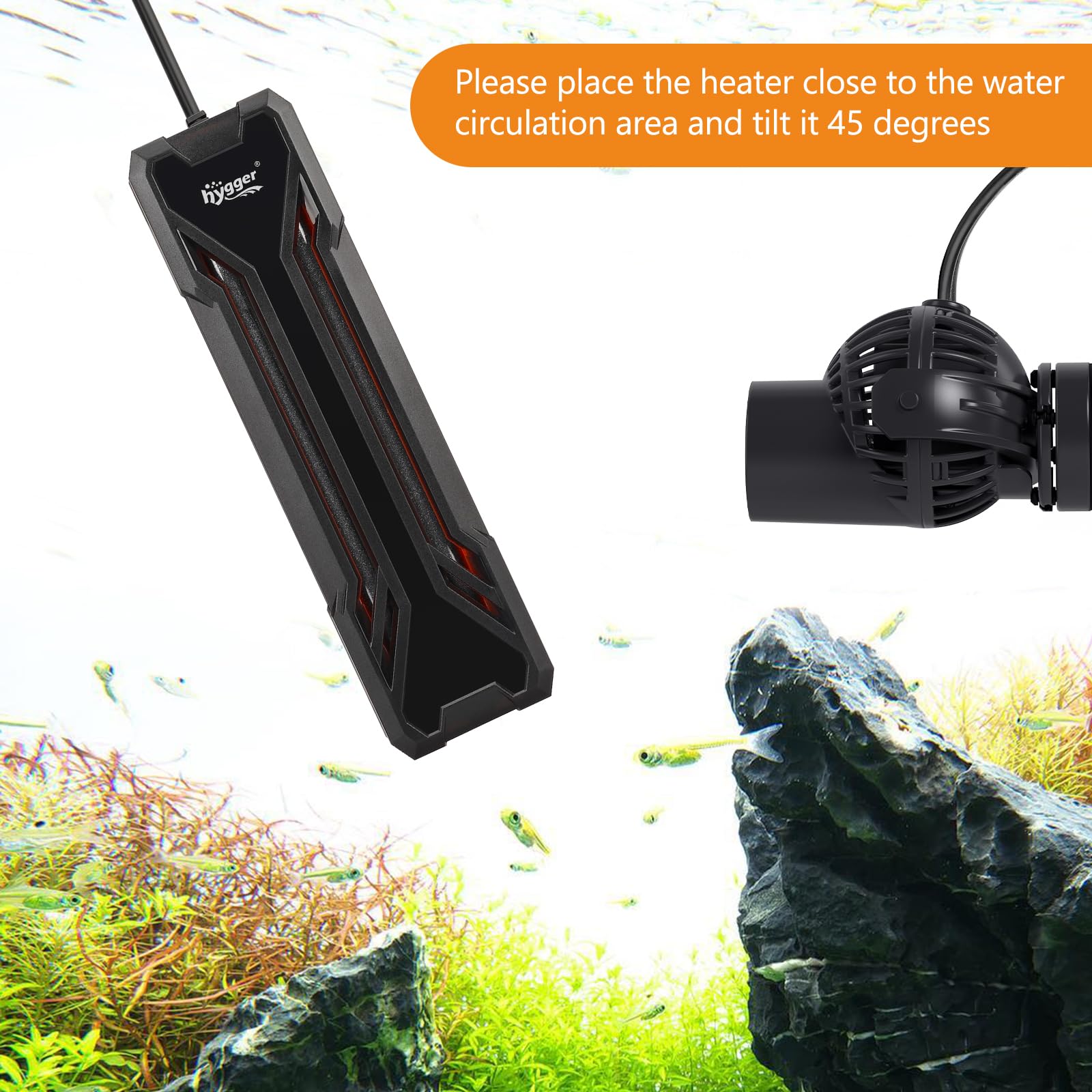 hygger aquarium heater in action illustrating quick water warming.