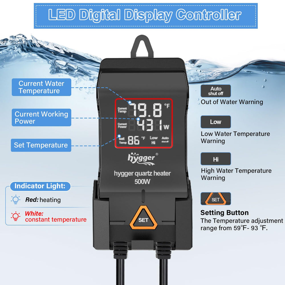 Hygger aquarium heater LED display clearly shows set and current temps for precise control.
