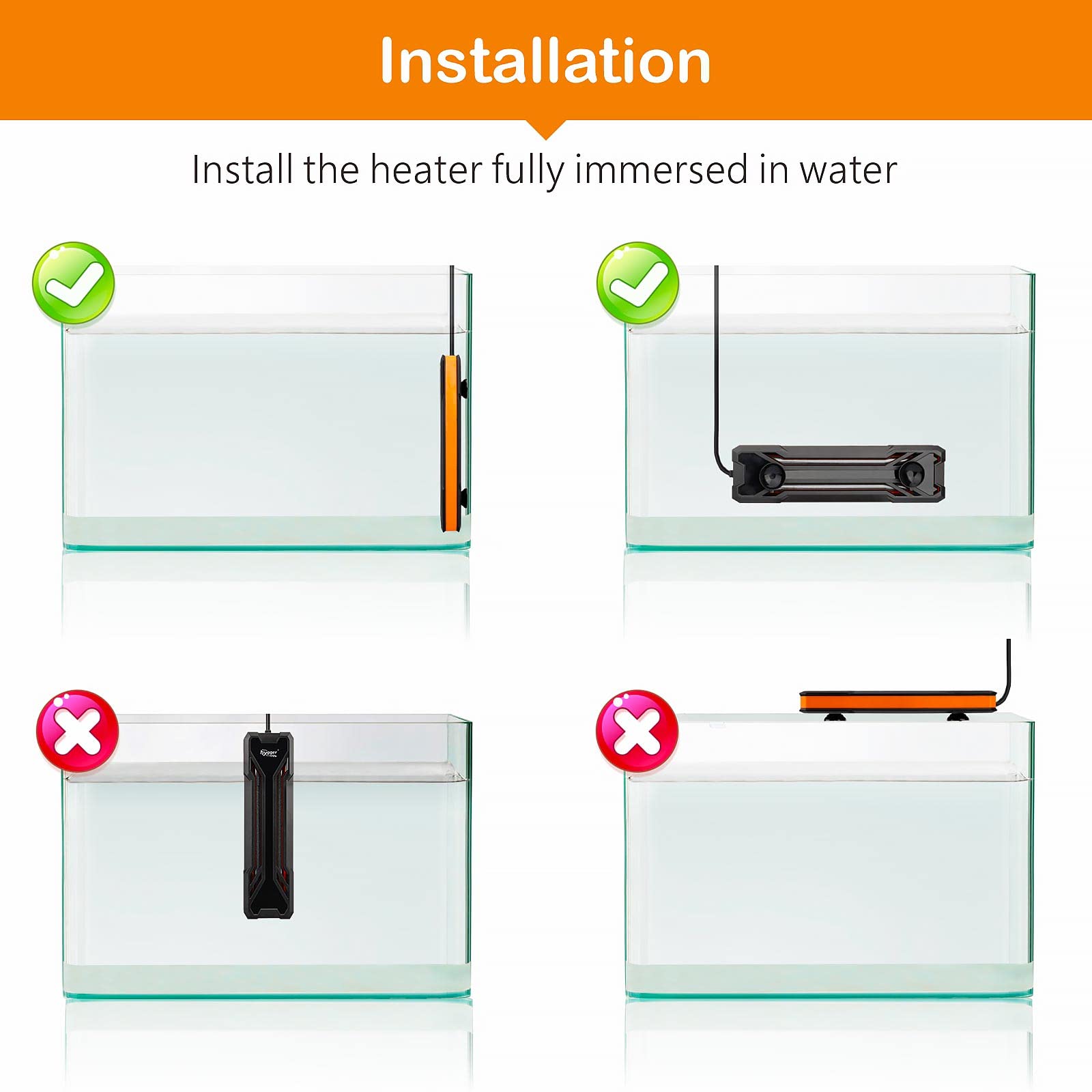 hygger aquarium heater packaging with suction cups and bracket