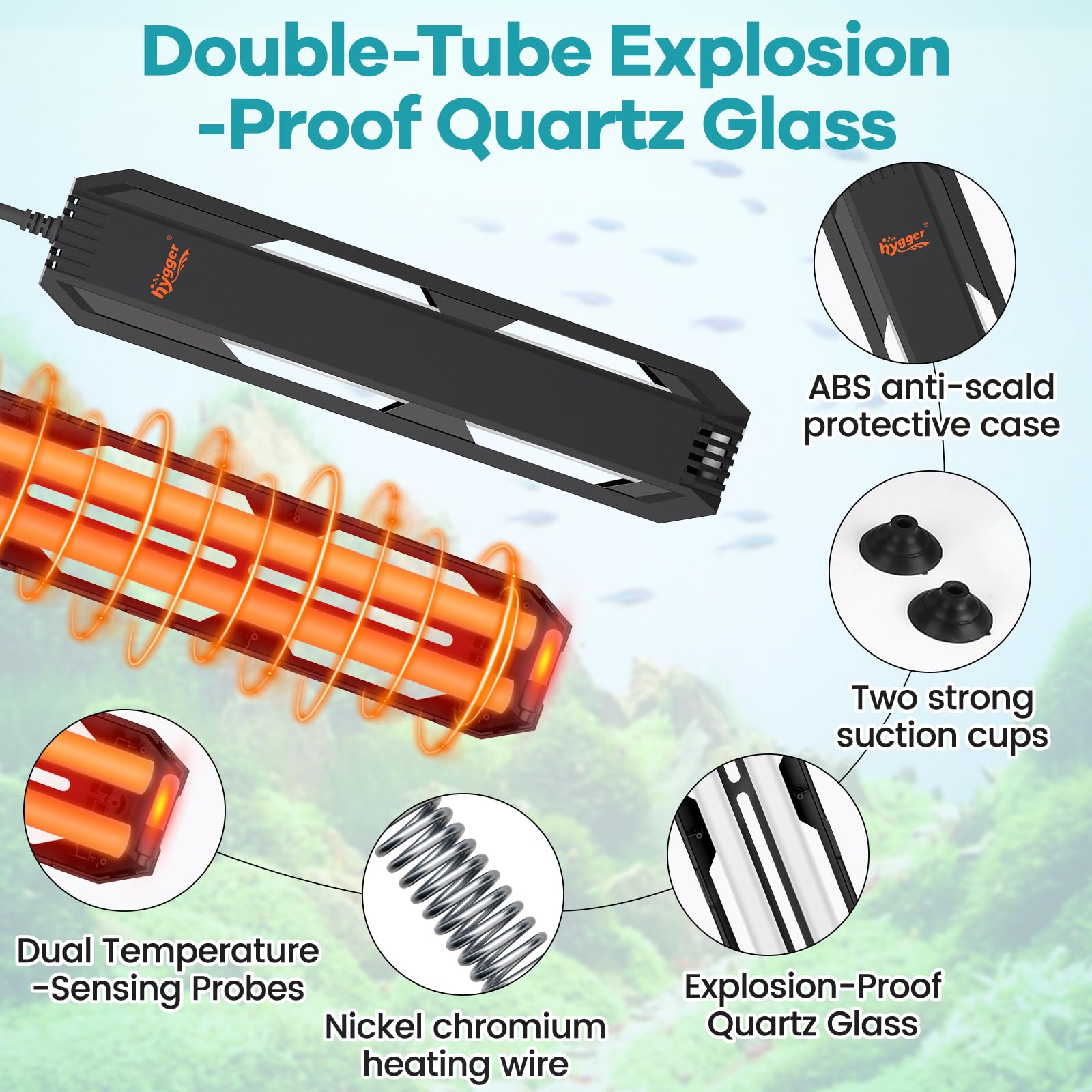 Hygger suction cups mount securely for reliable heater positioning.