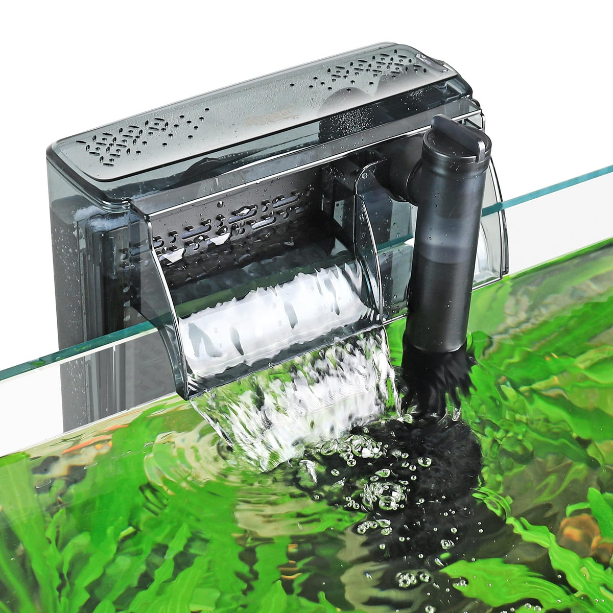 hygger aquarium HOB filter external mount in action saving tank space and ease of maintenance.