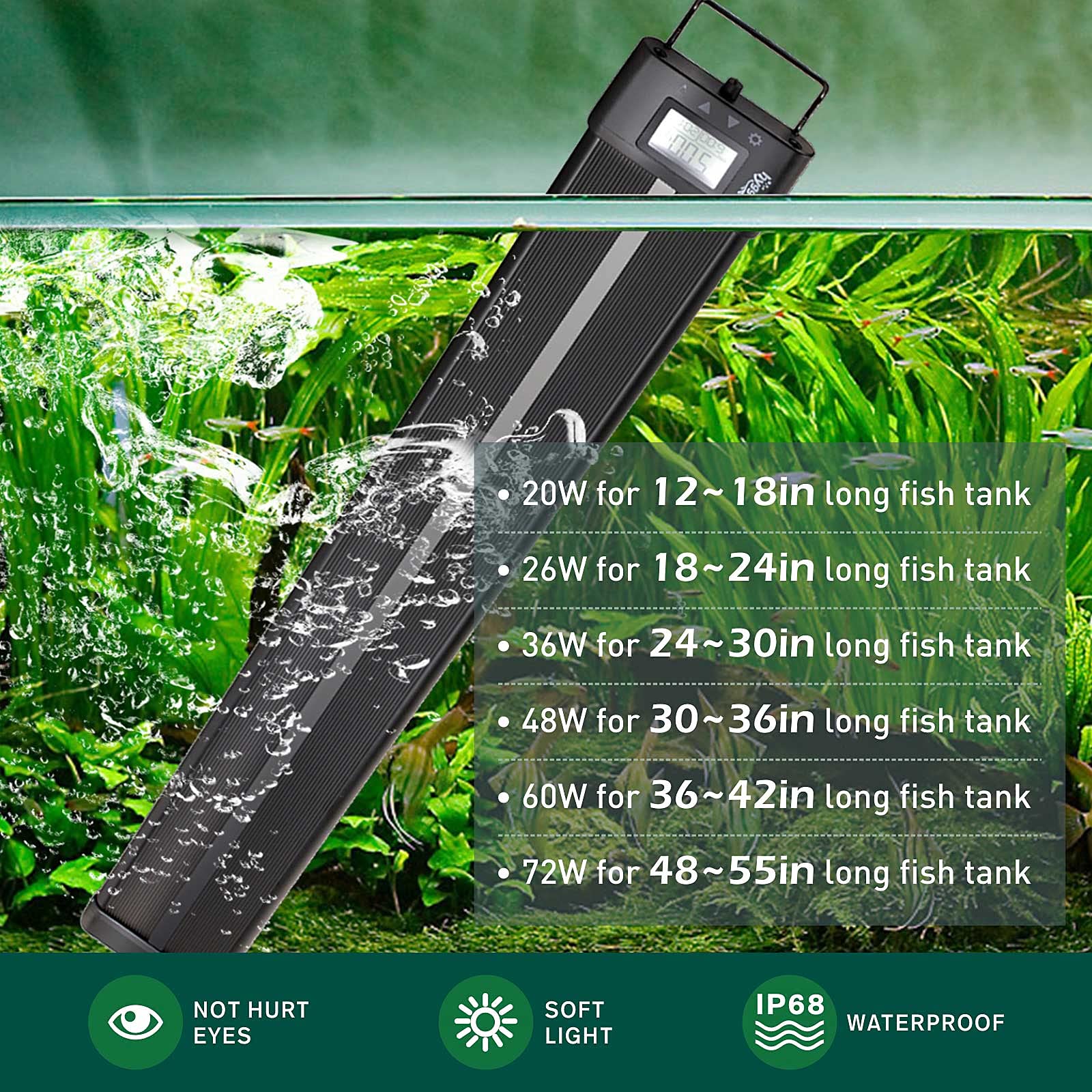 hygger full-spectrum LED light image showing natural rendering for plants and fish.