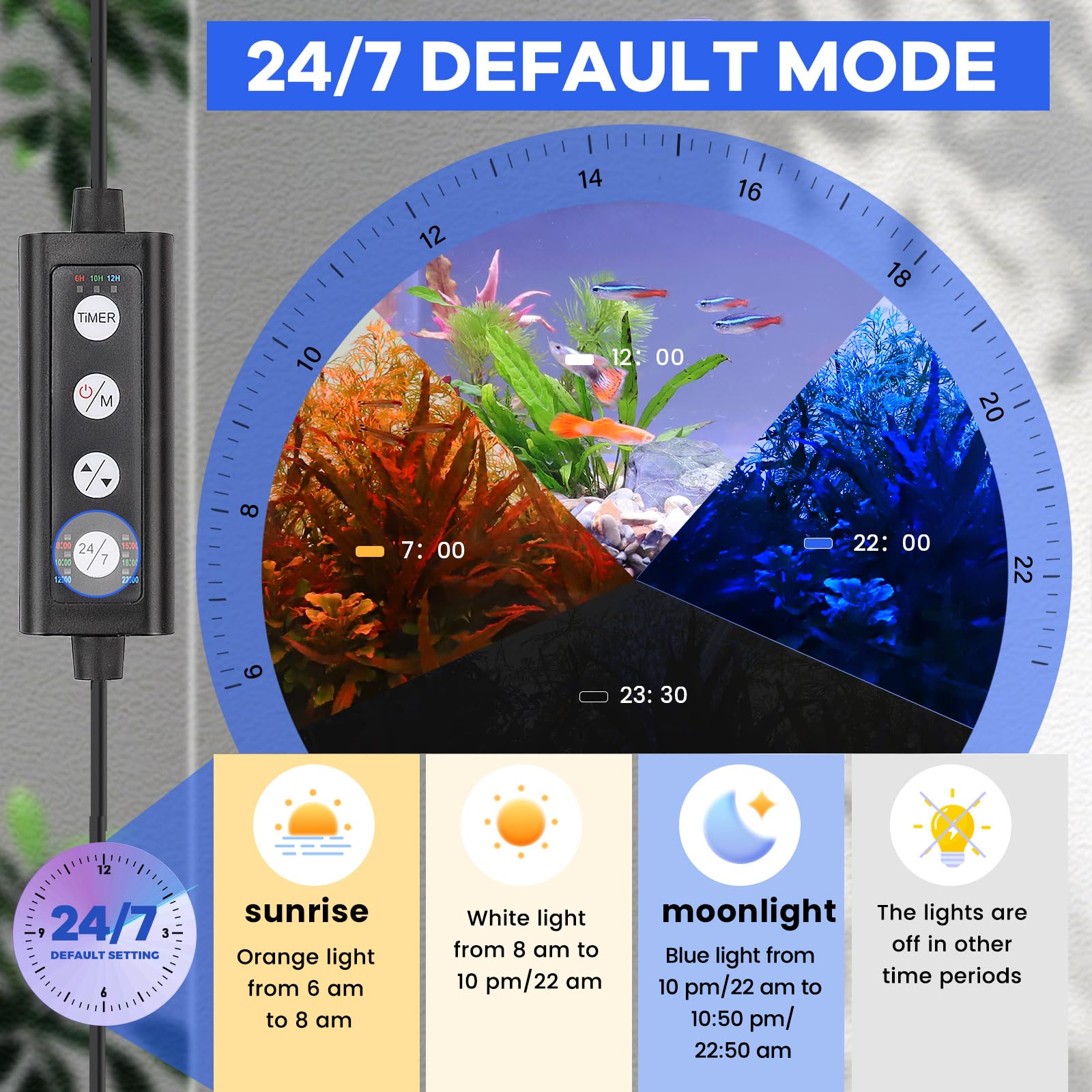 Hygger aquarium light daylight mode brightens aquascapes with natural white spectrum for healthy plants.