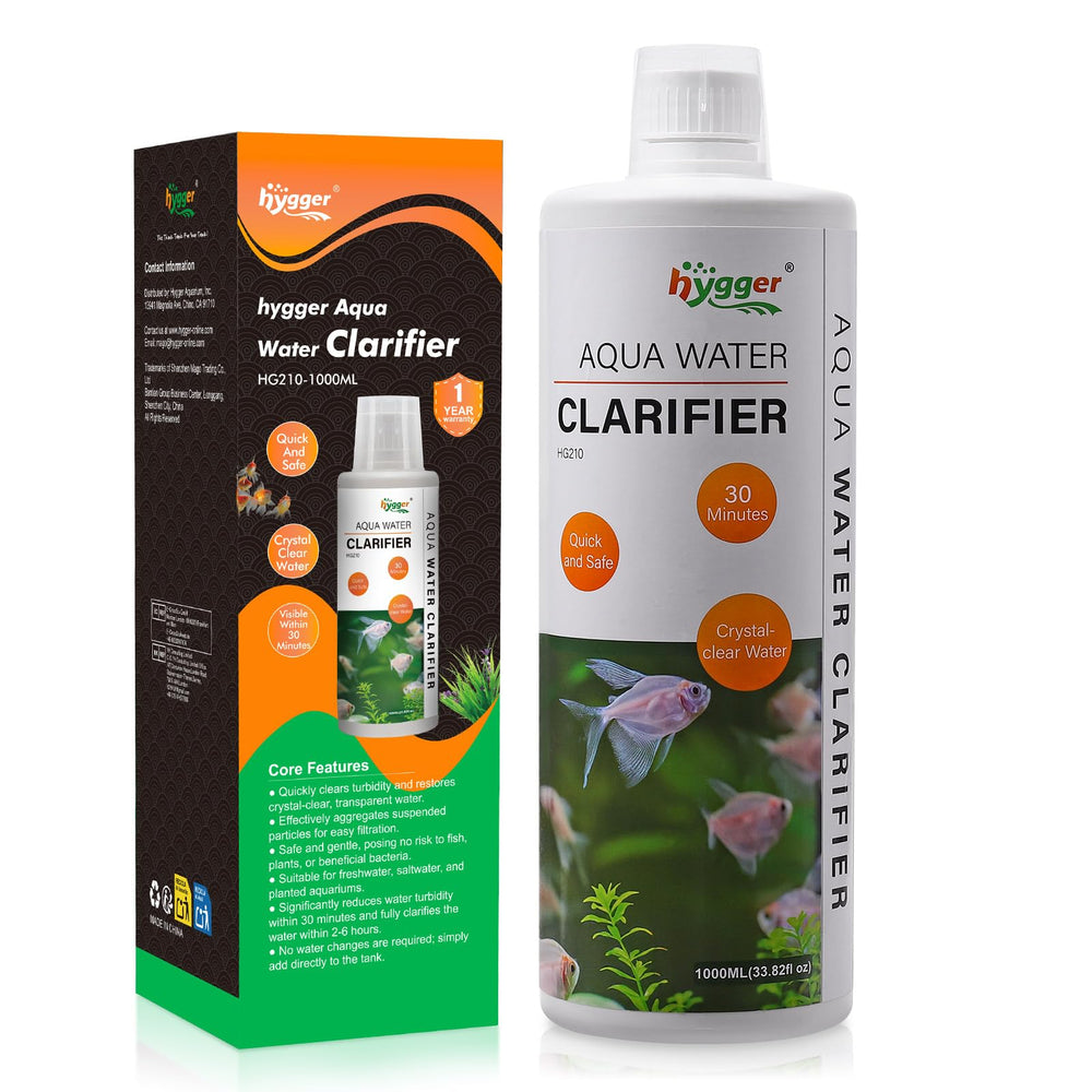Hygger Aquarium Water Clarifier bottle-front promotes quick tank clarity and easy dosing.