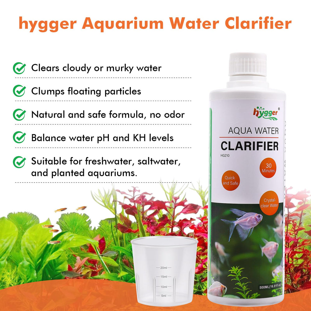 Hygger Aquarium Water Clarifier pour-action shows easy-to-pour bottle for precise dosing.
