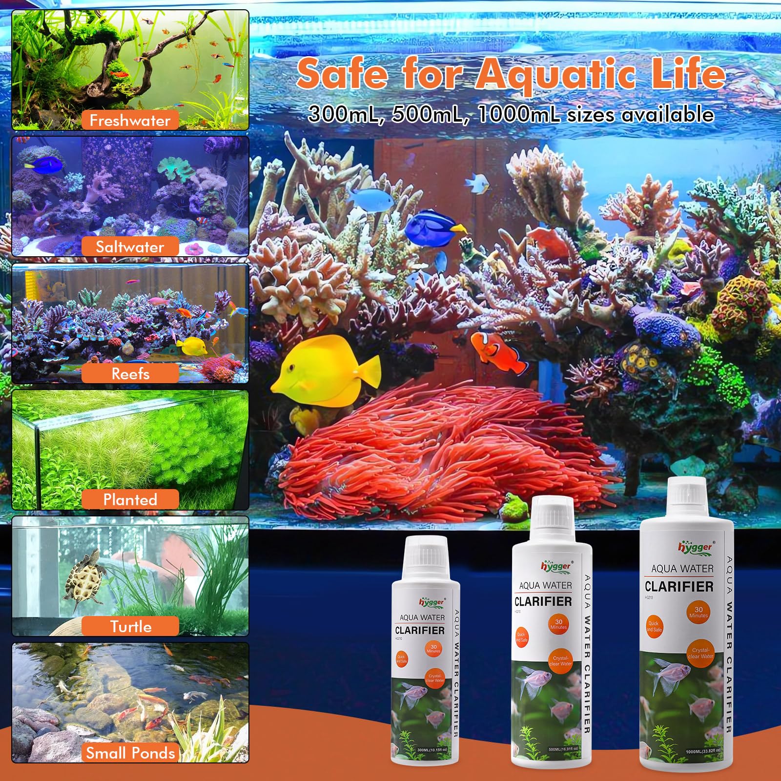hygger Aquarium Water Clarifier safe with fish and plants underscores tank compatibility.