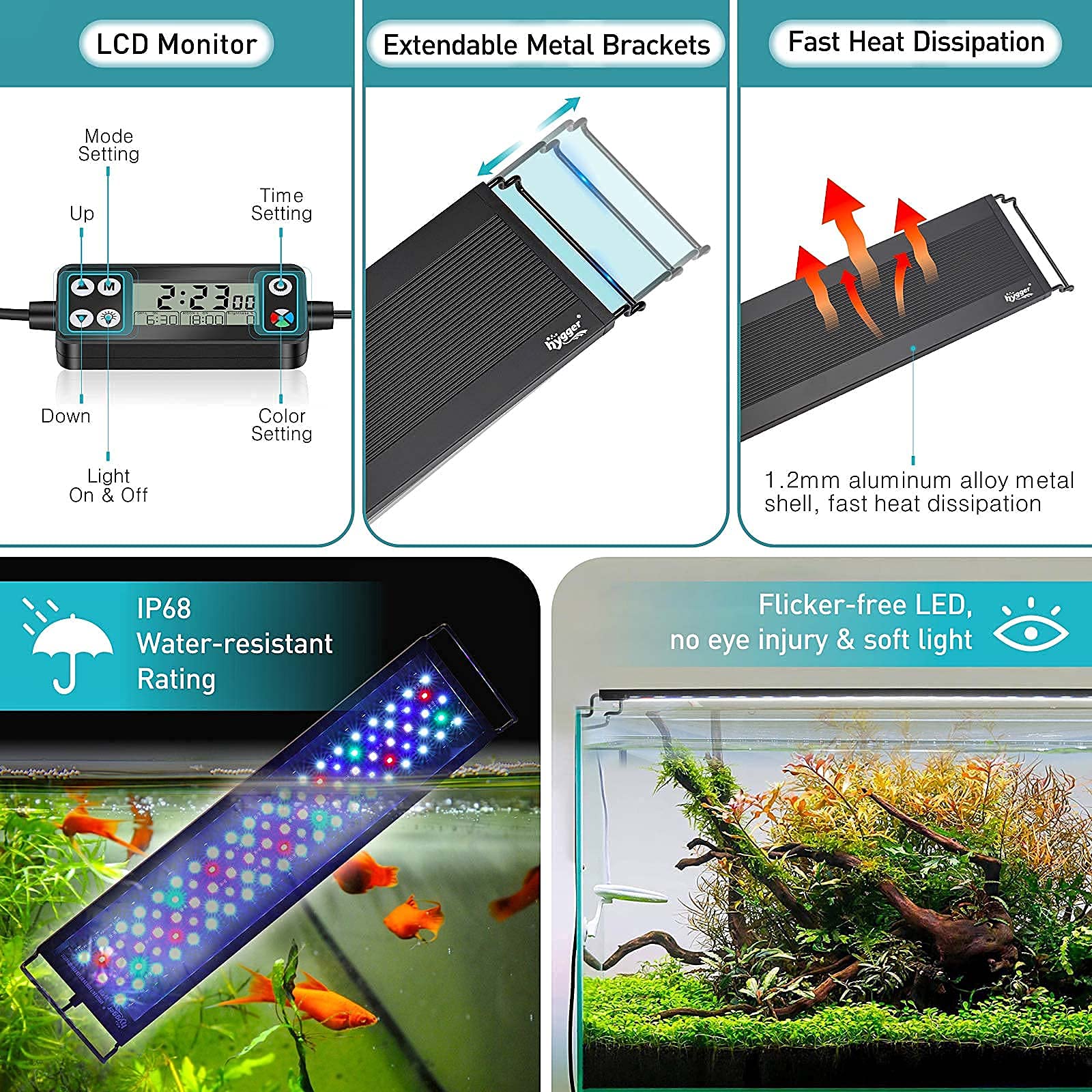 hygger Auto On Off LED aquarium light adjustable brackets enable easy setup