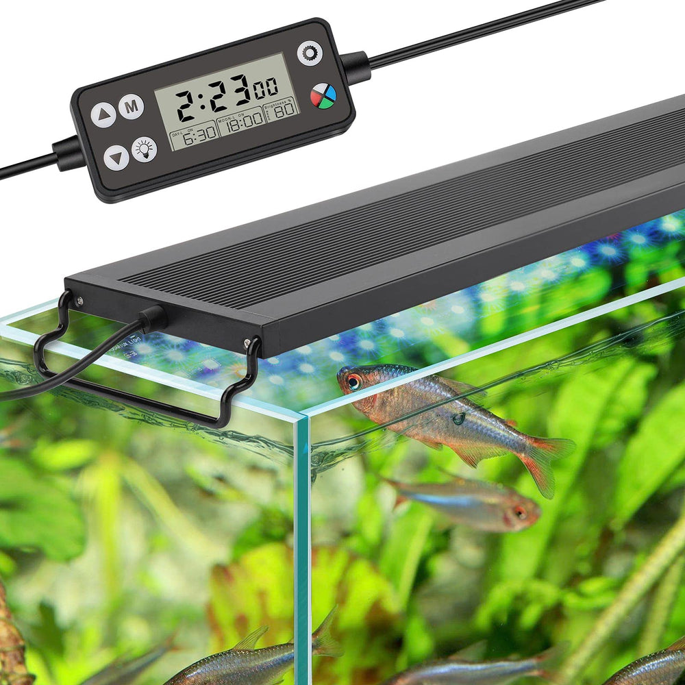 hygger Auto On Off LED aquarium light front view shows vibrant full-spectrum glow for plants