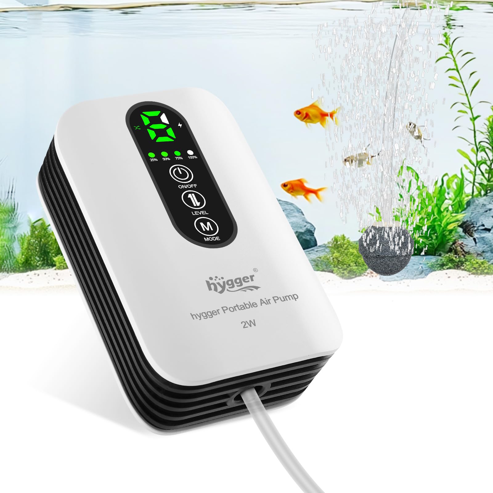 Hygger battery-powered air pump front-angle view for portable on-the-go aquarium aeration.