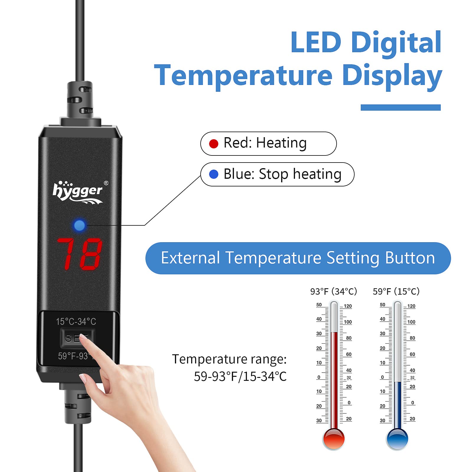 hygger betta heater with LED display clearly shows real-time temperature for easy monitoring