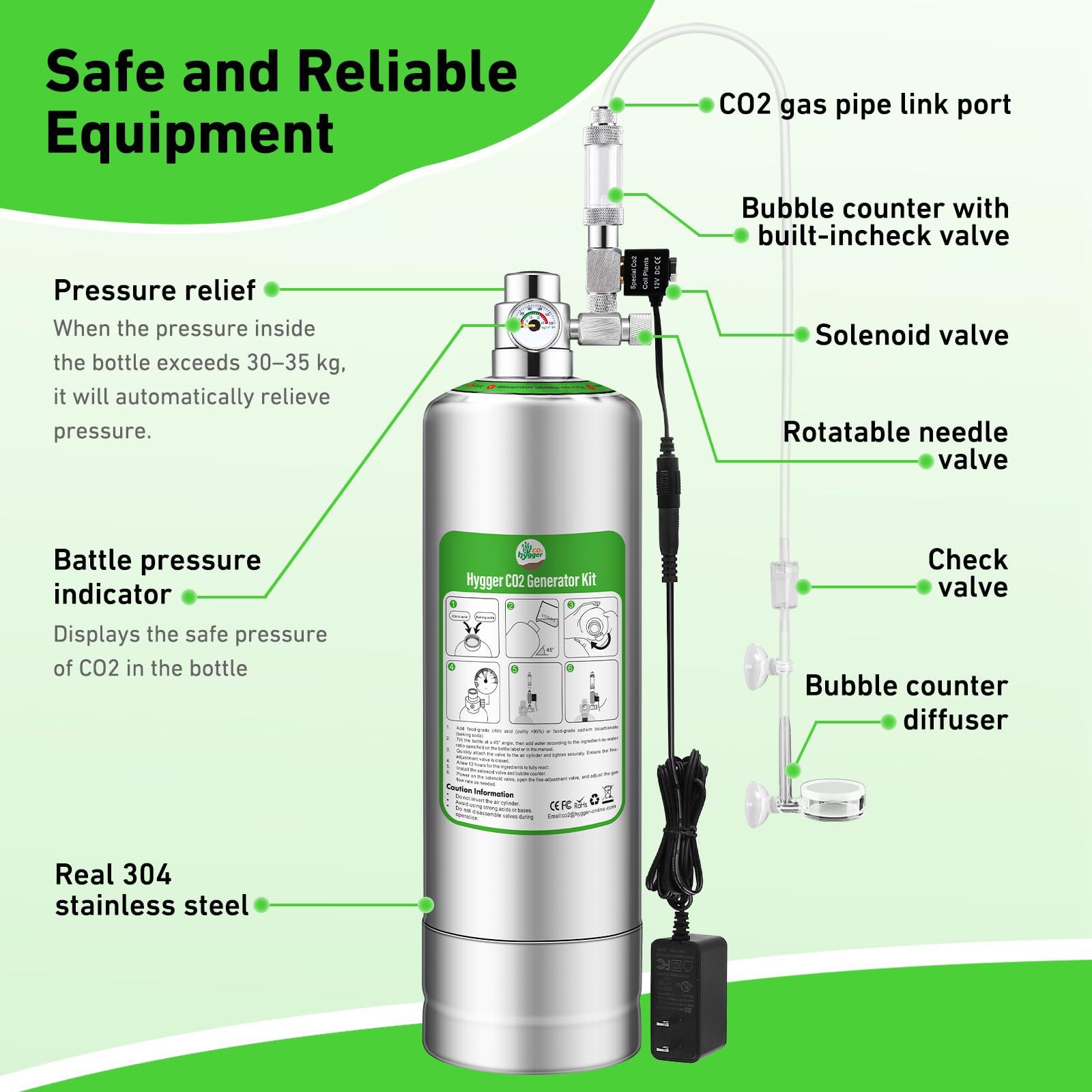 Hygger CO2 2L stainless bottle emphasizes robustness and leak resistance.