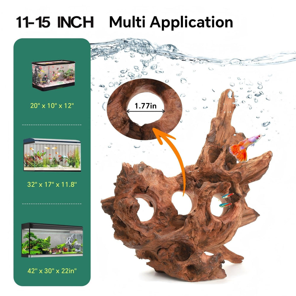 Hygger CO2 Driftwood holes tunnels visual showcases aquarium decor that invites exploration.
