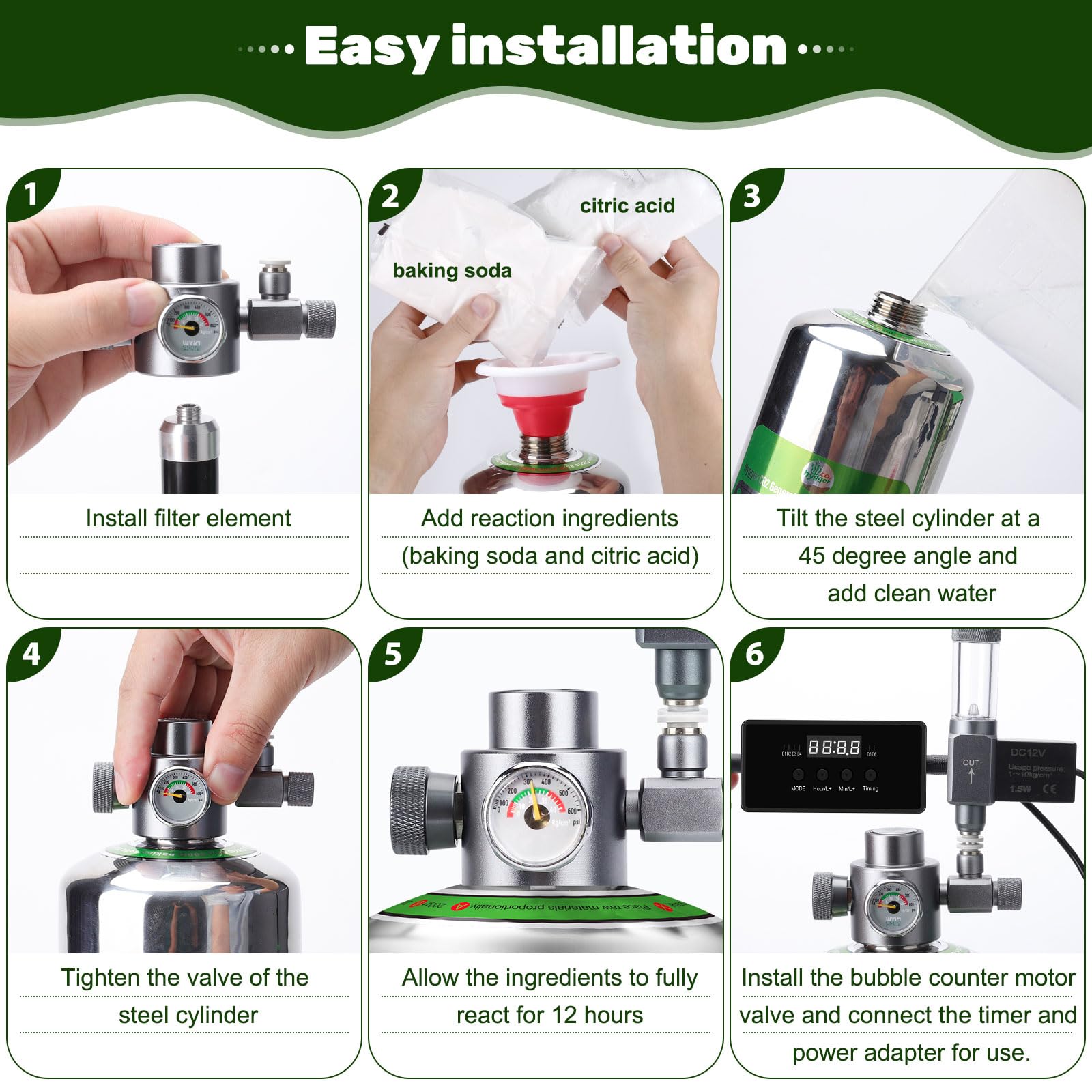 Hygger CO2 kit contents arranged neatly, including diffuser, bubble counter, and motor valve