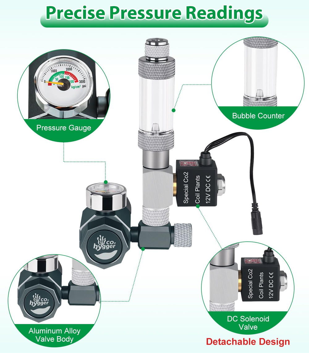 Hygger CO2 regulator bubble counter detailed close-up for direct flow monitoring.