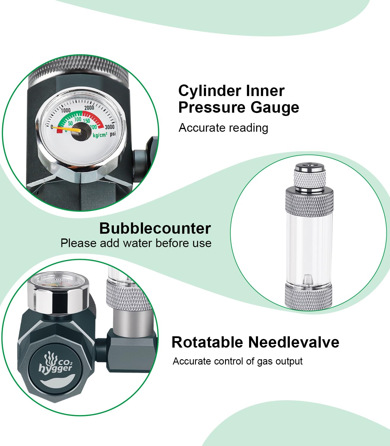 Hygger CO2 regulator features sealing technology to minimize air leaks.