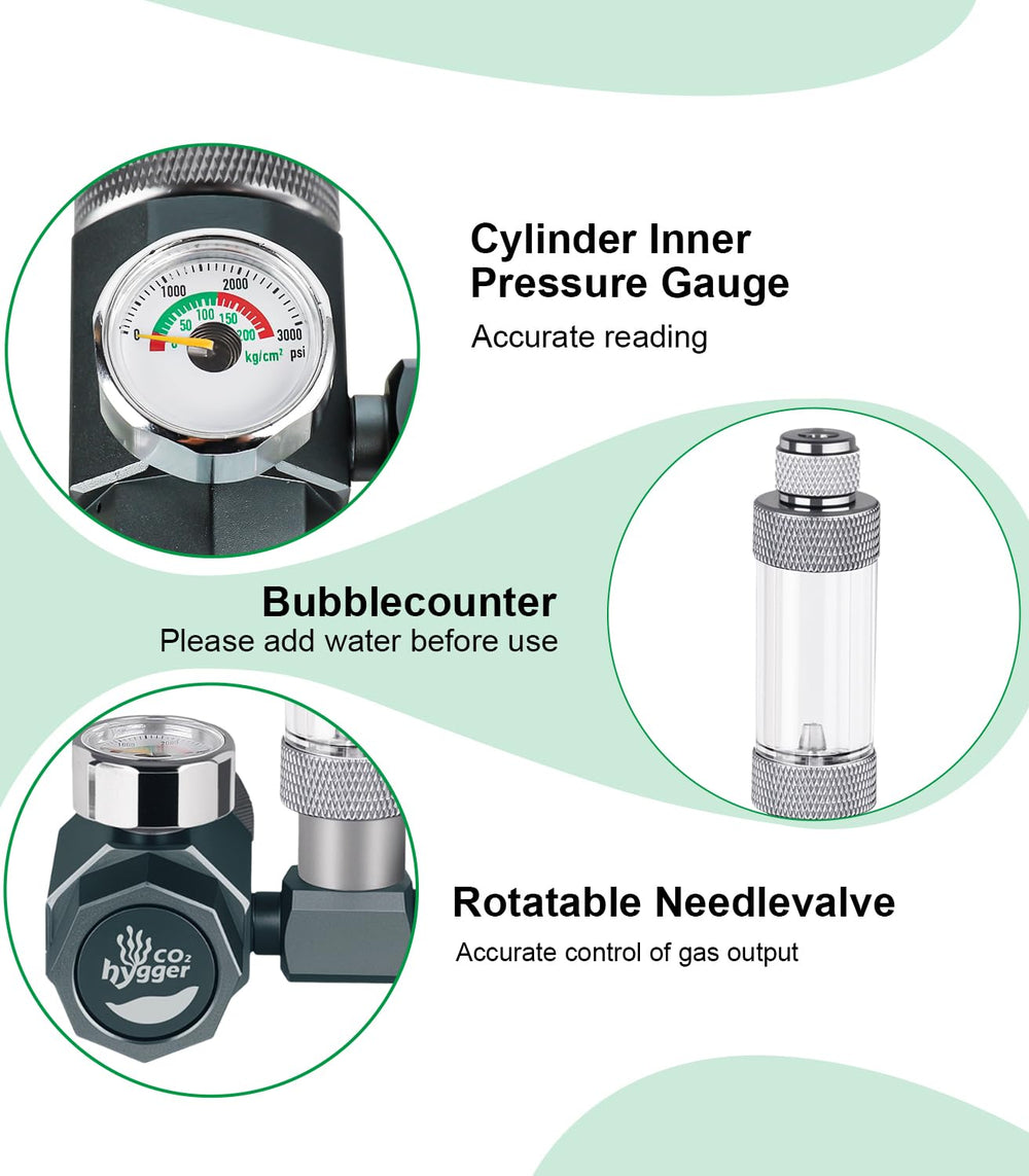 Hygger CO2 regulator features sealing technology to minimize air leaks.