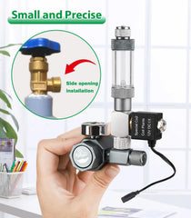 Hygger CO2 regulator side-outlet close-up highlighting leak-free connection for stable CO2 delivery.