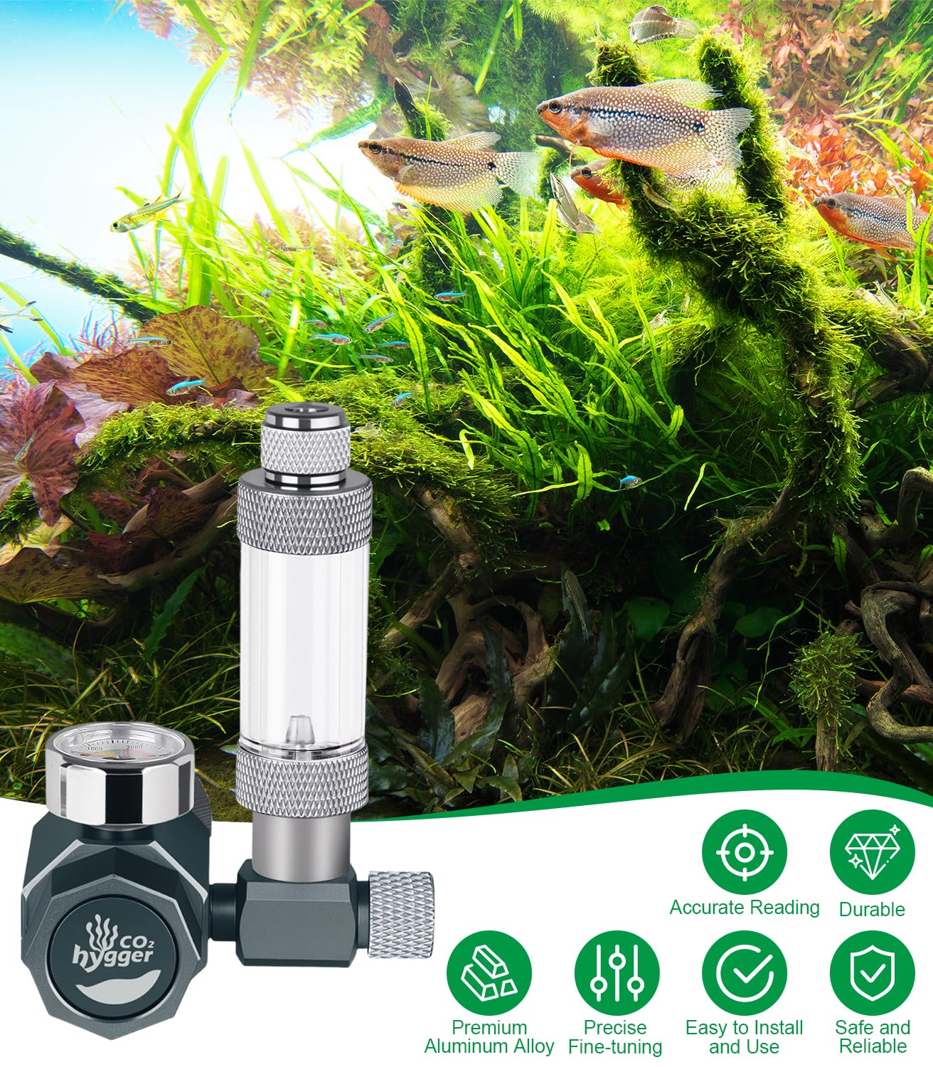 Hygger CO2 regulator offers universal compatibility with most tanks and diffusers.