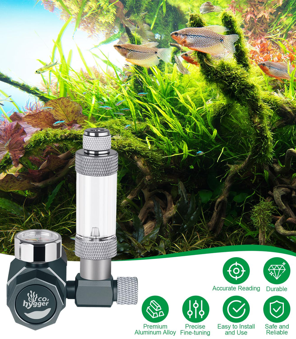 Hygger CO2 regulator offers universal compatibility with most tanks and diffusers.