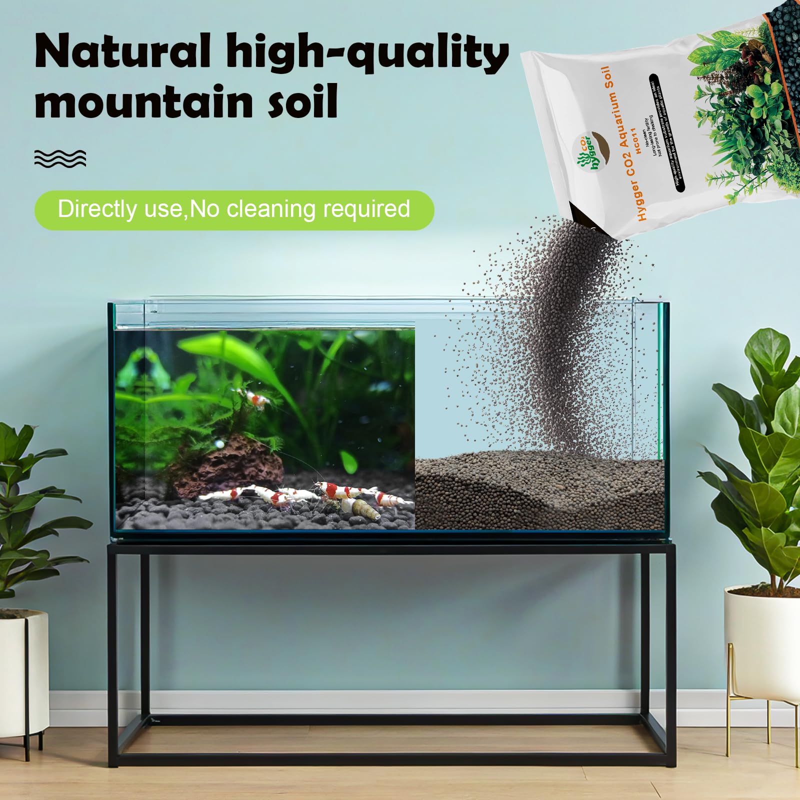 Hygger CO2 shrimp soil in aquarium with plants demonstrating easy installation.