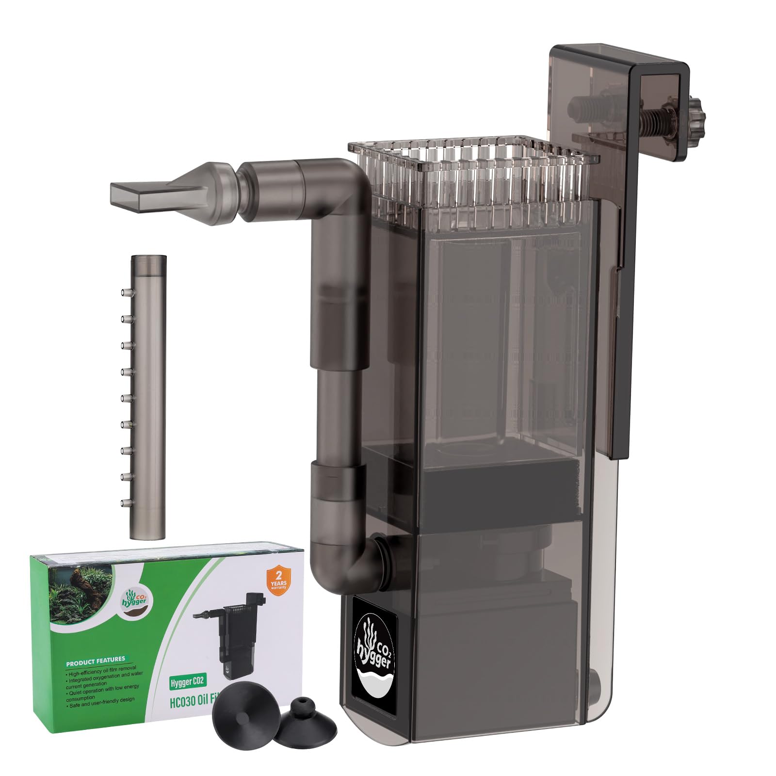 Hygger CO2 surface skimmer front view showing debris removal for clearer water