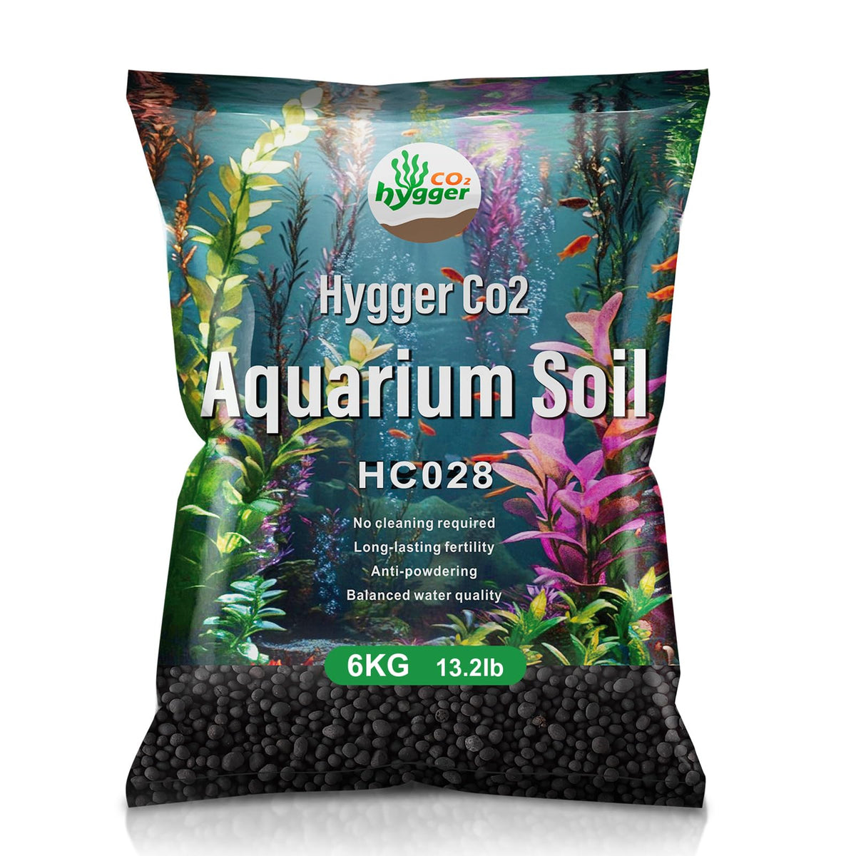 Hygger CO2 upgraded soil front view supports vibrant planted tank setup.