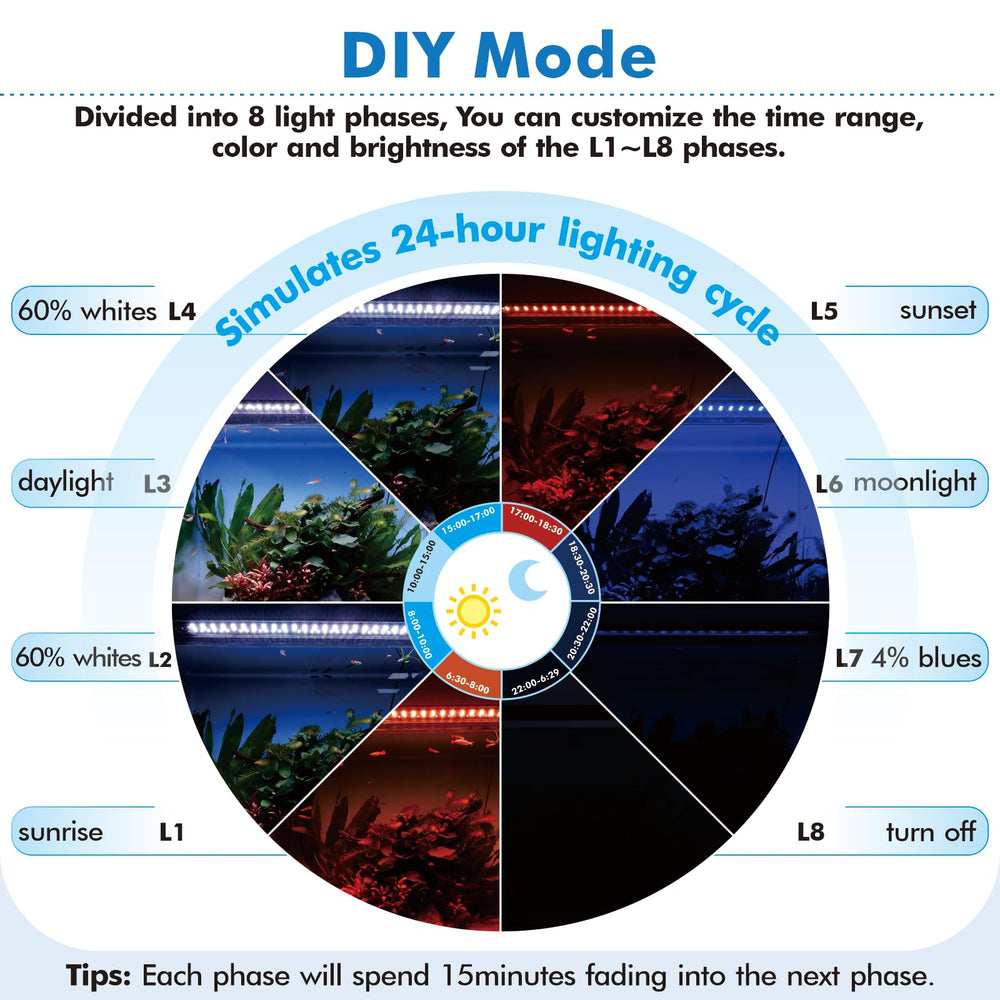 hygger day and moon light mode shown for day-night ambience in tank