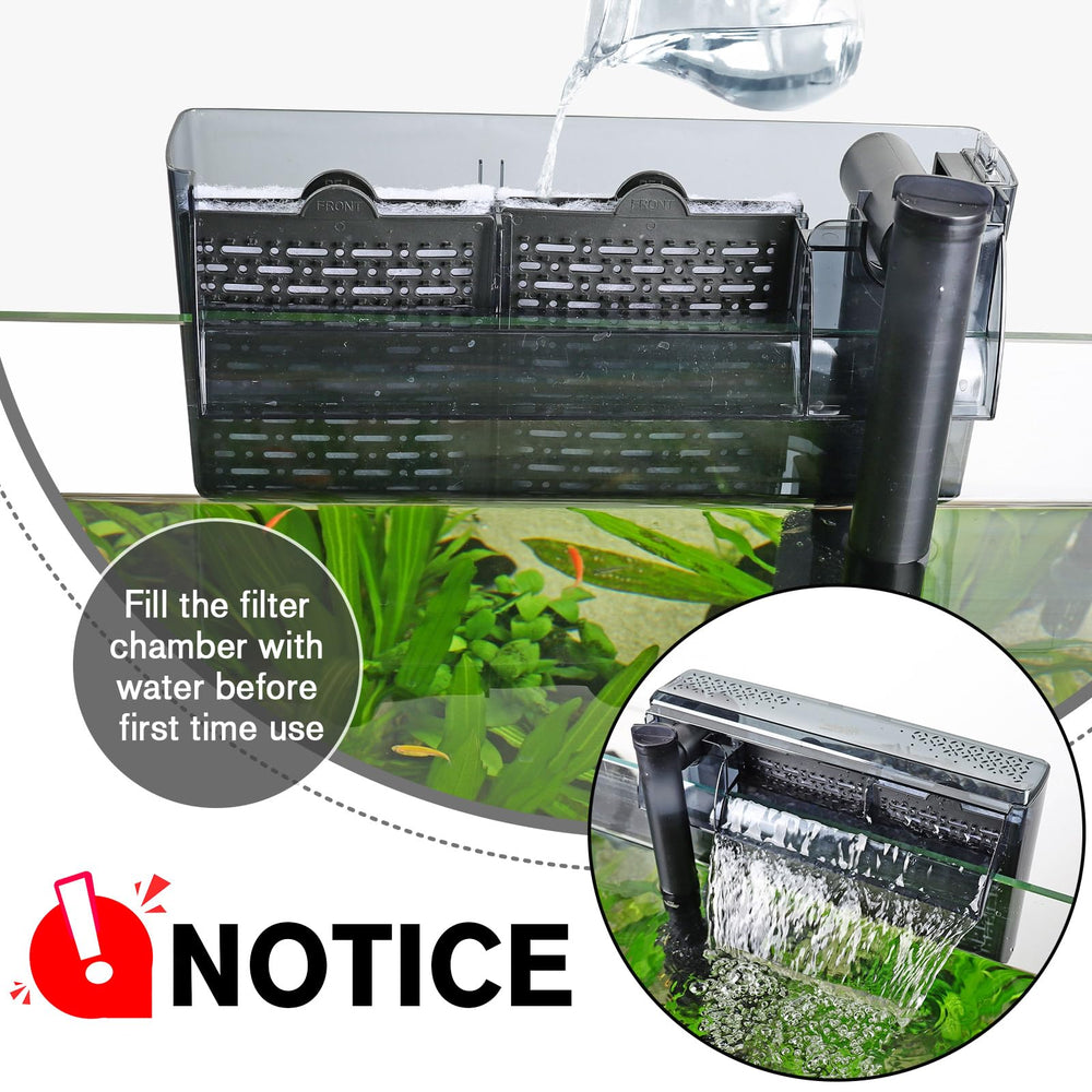 Hygger external-hang-on-back-filter-setup shows convenient installation without disturbing fish.