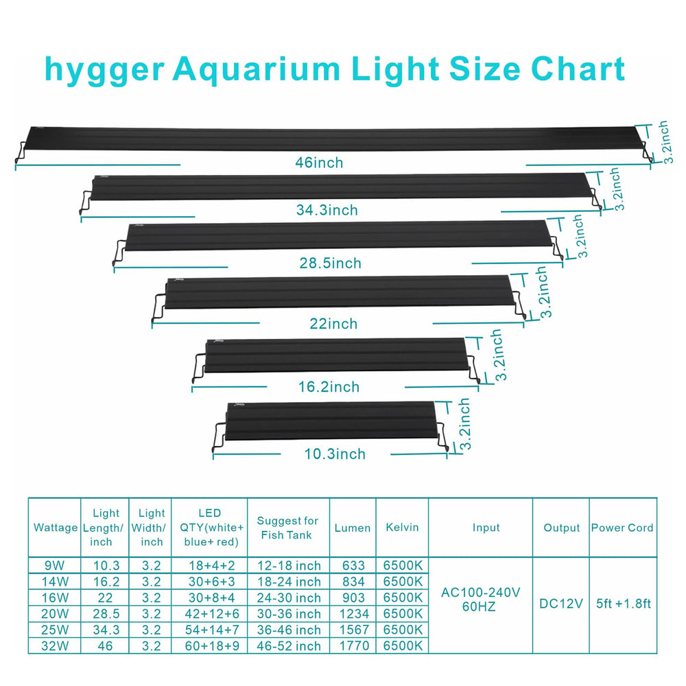 Hygger 46-52 inch freshwater tank setup with 32W power and efficient LEDs.