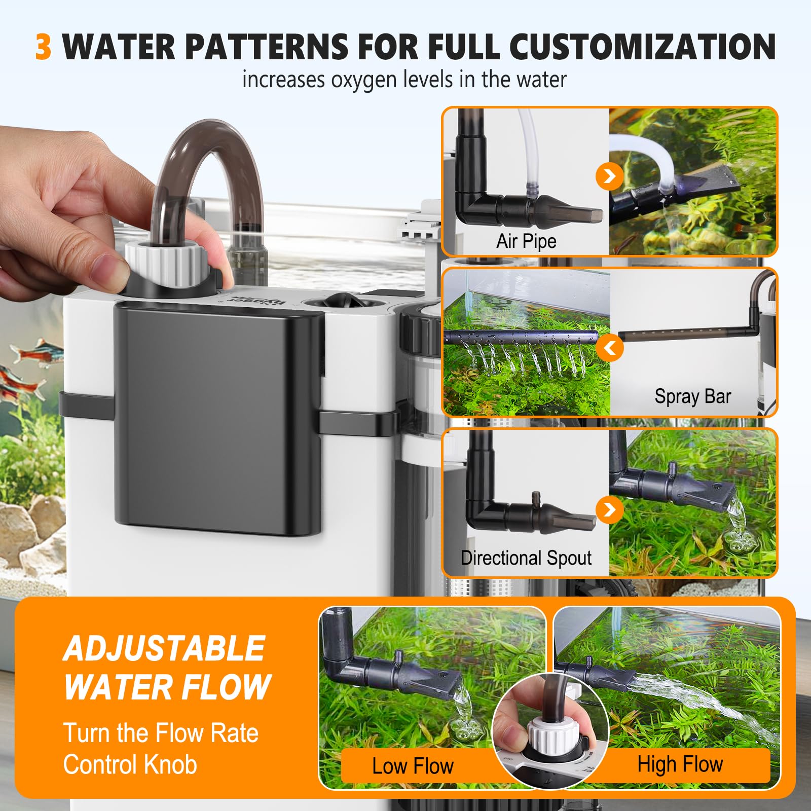Hygger Hang-On Filter telescopic intake for adjustable height in rimless tanks.