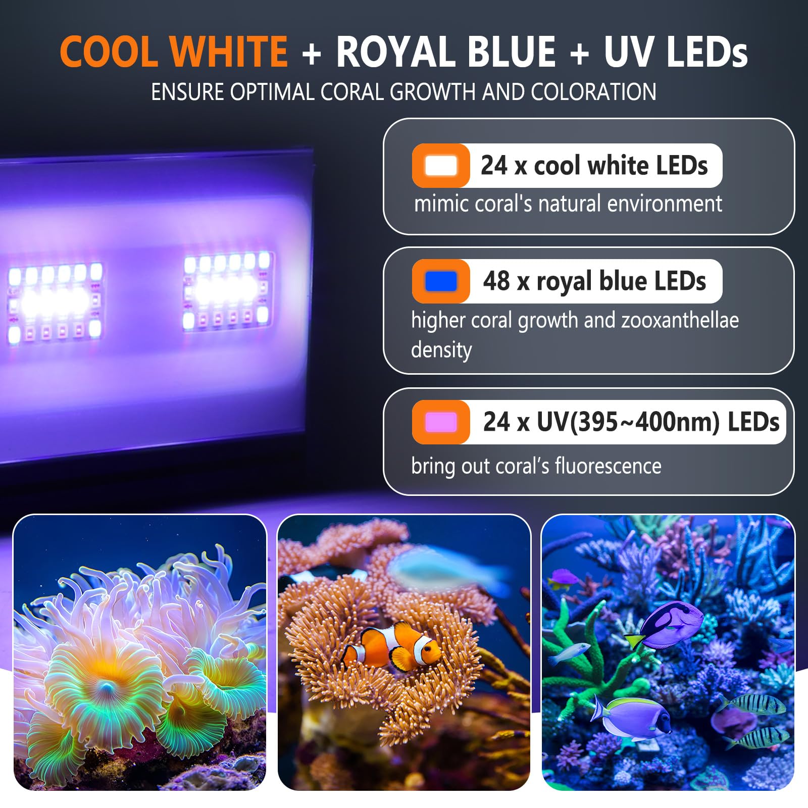hygger LED saltwater light detail of UV LEDs boosting fluorescence