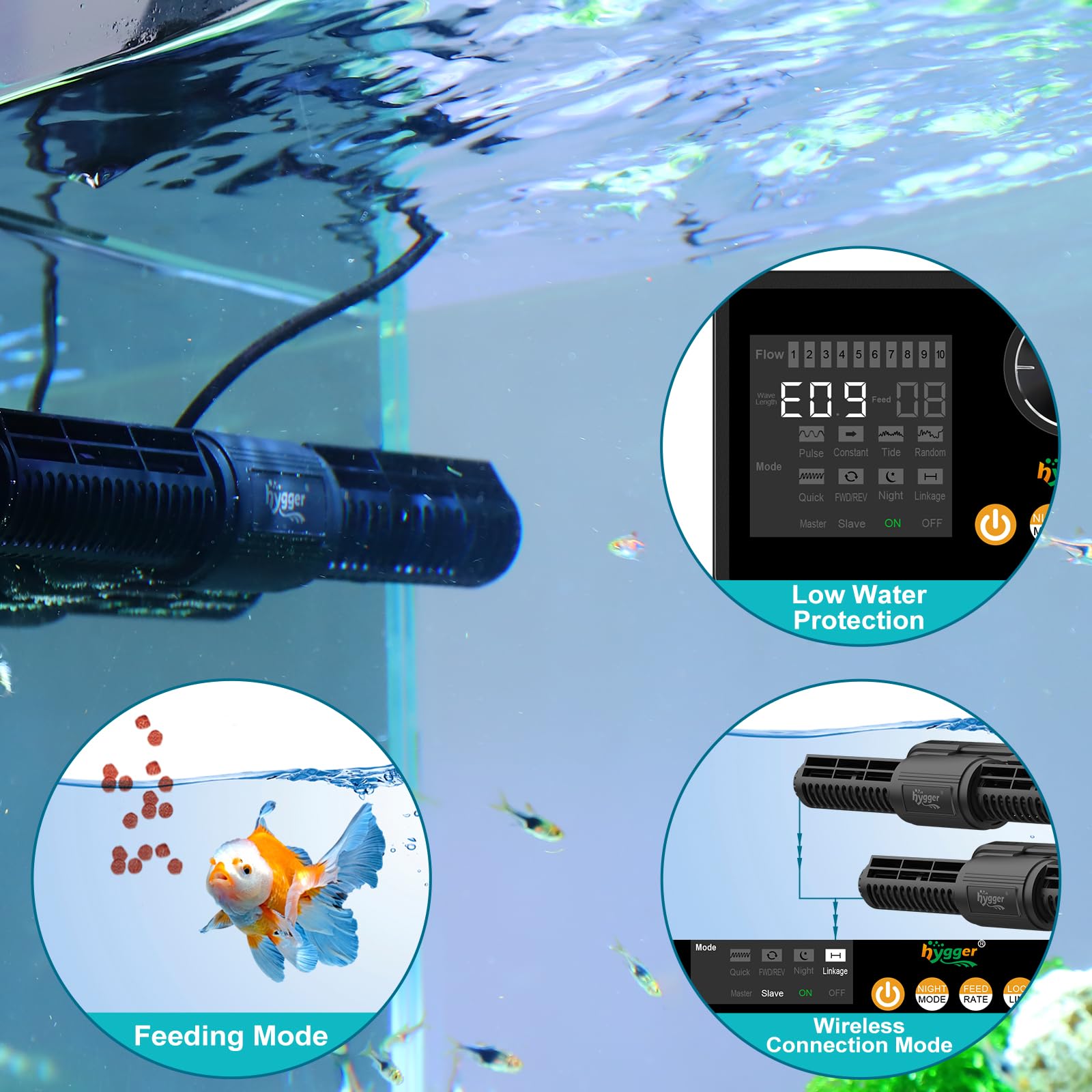 Hygger low water protection ensuring safe operation when levels drop.