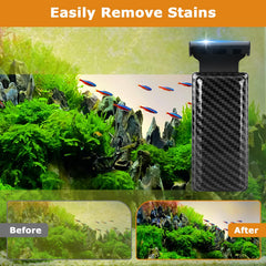 Hygger magnetic fish tank cleaner inside scrubbing pad removes deposits along glass