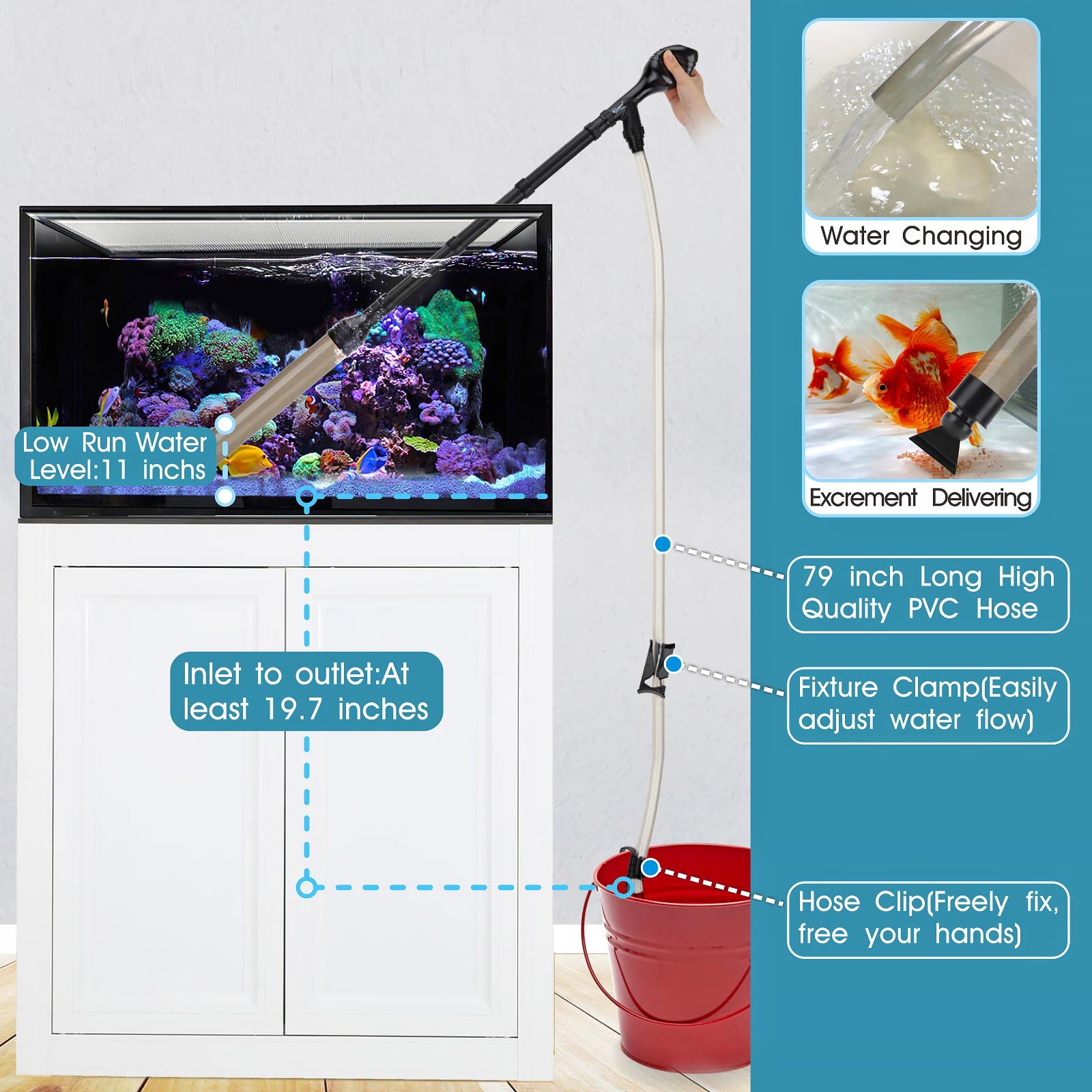 Hygger manual 256GPH gravel vacuum duckbill head targets debris without disturbing fish.
