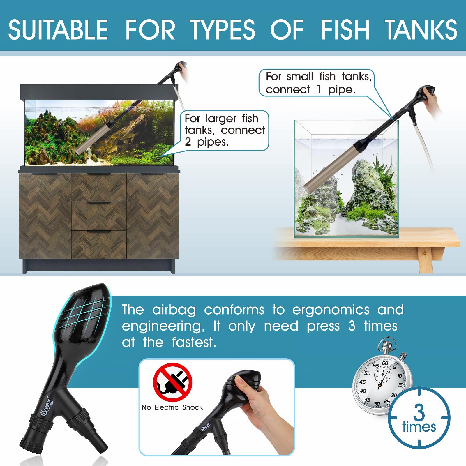 Hygger manual 256GPH gravel vacuum ergonomic ball tap provides comfortable grip.