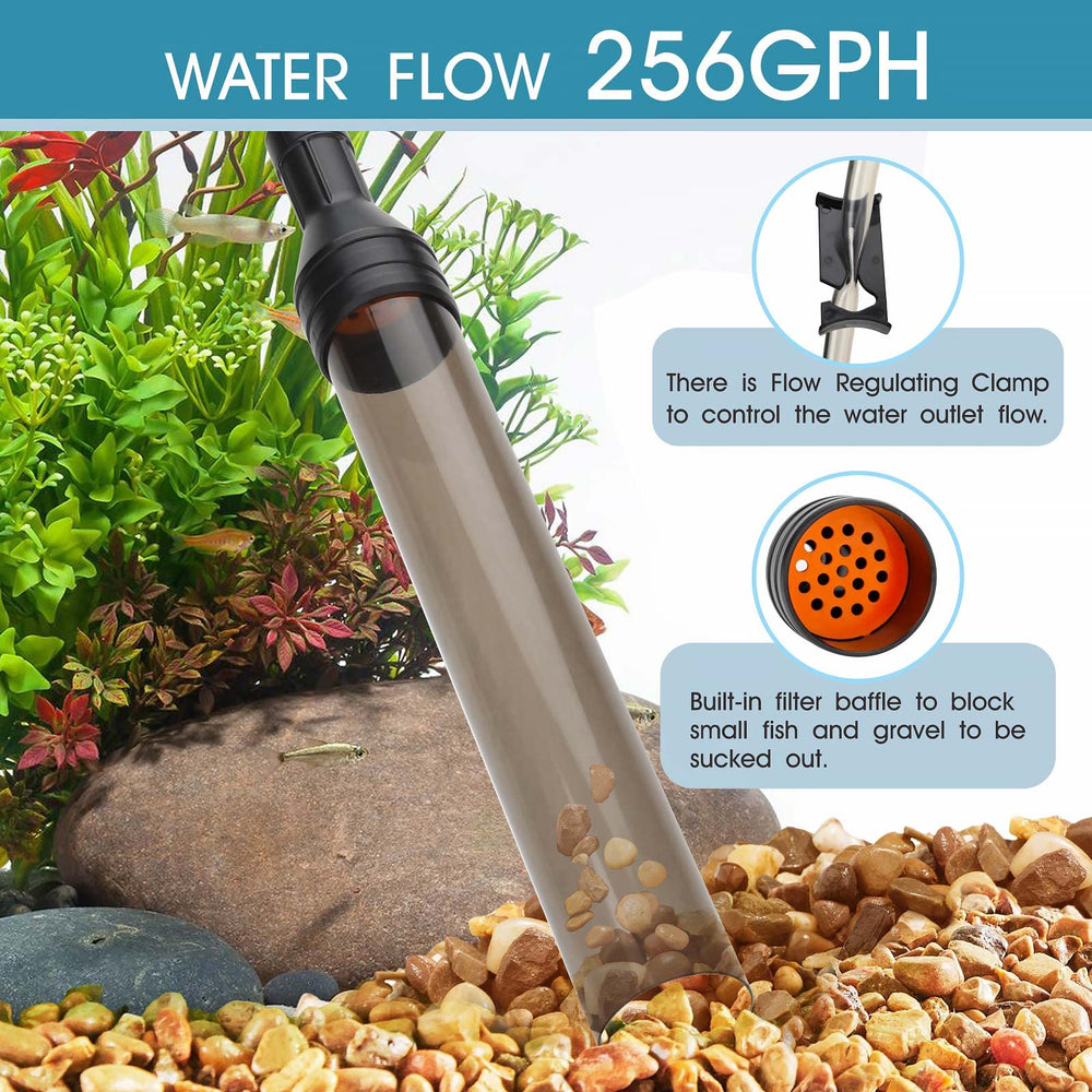 Hygger manual 256GPH gravel vacuum hose extension helps reach hard-to-clean corners.