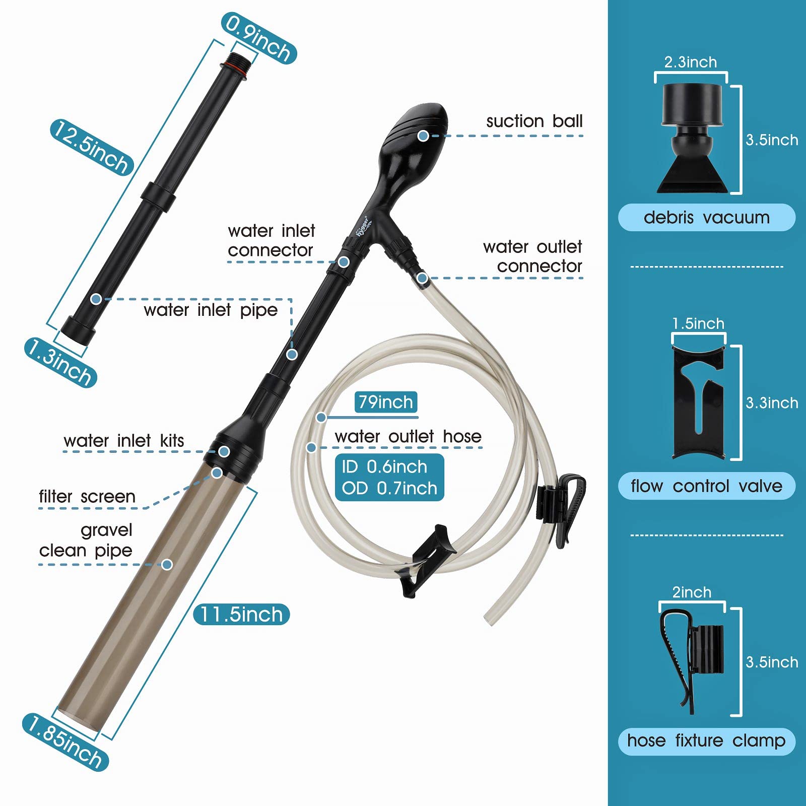 Hygger manual 256GPH gravel vacuum wide tube assembly adapts to various tank setups.