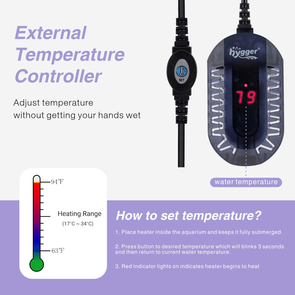 hygger mini glass aquarium heater temperature display lit shows real-time water temperature clearly.
